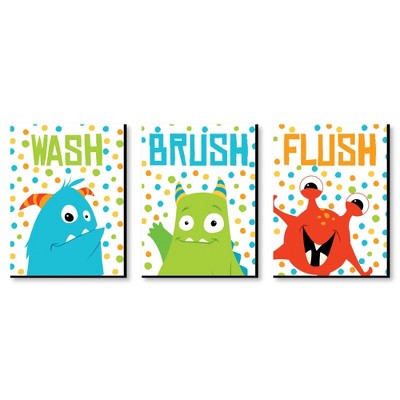  Big Dot of Happiness Monster Bash - Kids Bathroom Rules Wall Art - 7.5 x 10 inches - Set of 3 Signs - Wash, Brush, Flush 