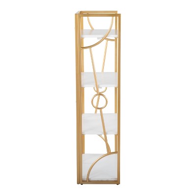 White Wood and Gold Metal Geometric 4-Tier Bookcase