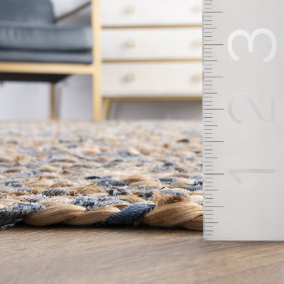 Handmade Blue and Beige Braided Cotton Rectangular Rug