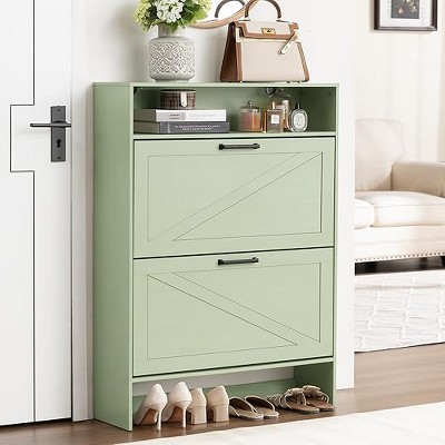 Gericco Shoe Storage Cabinet with 2 Flip Drawers,Farmhouse Narrow Shoe Organizer with Legs,Freestanding Hidden Slim Shoe Rack Cabinet