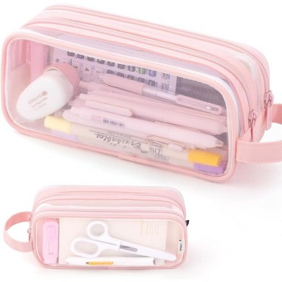 Fmeida Large Grid Mesh Pencil Case 2 Compartment Pen Bag Clear Handheld Multifunction Pencil Pouch Transparent Makeup Bag