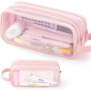 Fmeida Large Grid Mesh Pencil Case 2 Compartment Pen Bag Clear Handheld Multifunction Pencil Pouch Transparent Makeup Bag - 1 of 4