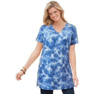 Woman Within Women's Plus Size Perfect Printed Short-Sleeve Shirred V-Neck Tunic - 1 of 4