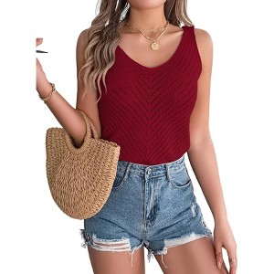 Womens Hollow Out V Neck Sweater Vests Loose Pullover Solid Color Summer Knit Tank Tops - 1 of 4