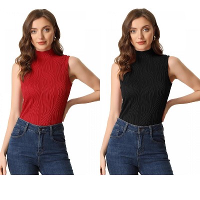 INSPIRE CHIC Women's Mock Neck Sleeveless Keyhole Back Ribbed Knit Blouses 2 Packs