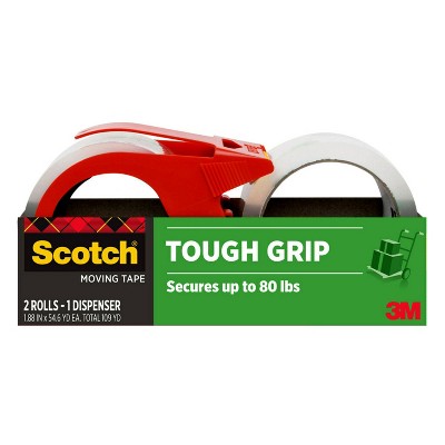 Scotch 2ct Tough Grip Moving Tape with Dispenser: Clear Packing Tape for Moving Supplies & Boxes, 1.88" x 1375"