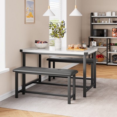 Garvee Dining Table Set for 4, Kitchen Table with 2 Upholstered Benches, Rectangular Dining Room Table Set, for Small Space, Apartment, White