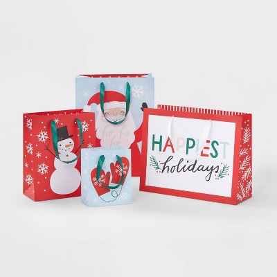 4ct Mitten/Santa/Snowman/Happiest Holidays Gift Bags Red/Light Blue - Wondershop™