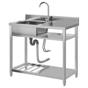 Huxxion Stainless Steel Utility Sink, Free Standing Single Bowl Kitchen Sink with Cold and Hot Water Pipe, Outdoor Basin Station with Cabinet - 1 of 4