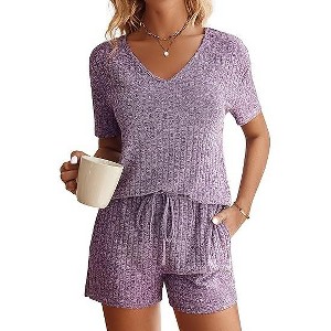 Ekouaer Womens Ribbed Knit Lounge Set Short Sleeve Top and Shorts Sleepwear Pajama Set Two Piece Shorts Outfits Set - 1 of 4