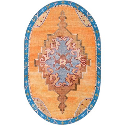 Timeless Orange and Blue Oval Chenille Rug 5' x 8'