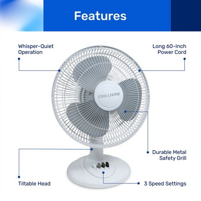Cool Living 12-Inch White Plastic Oscillating Table Fan