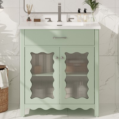 Grungis Modern Bathroom Vanity with Tempered Glass,Freestanding Bathroom Cabinet with Rubber Wood Legs and Soft Close Doors