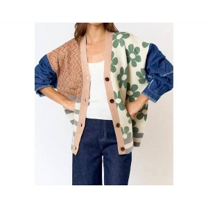 Women's Patchwork Denim Sleeve Cardigan - lalavon - 1 of 4