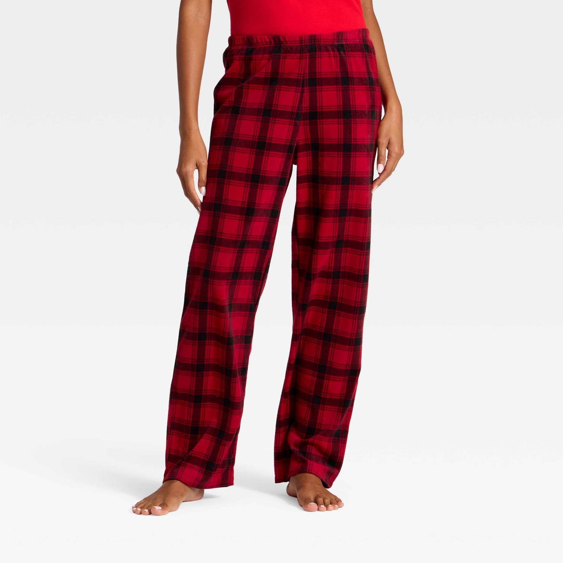 Women's Plaid Microfleece Holiday Matching Family Pajama Pants - Wondershop™ Red/Black