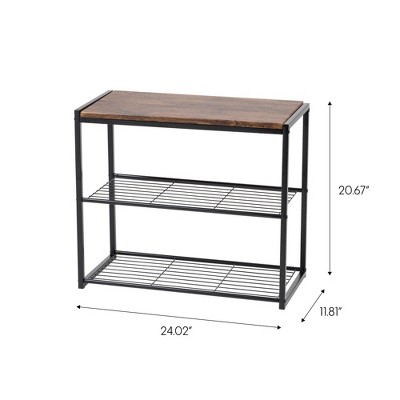 Brown and Black Stackable Wood and Metal Shoe Rack Bench