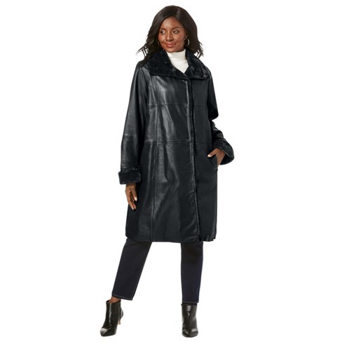 Jessica London Women's Plus Size Fur-Trim Leather Swing Coat - 12 W, Black