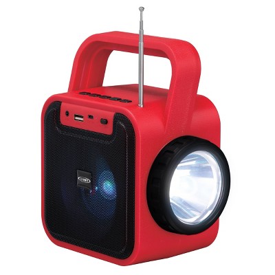 JENSEN Portable Bluetooth Rechargeable Speaker with Built-in Emergency USB Charging Port FM - Red