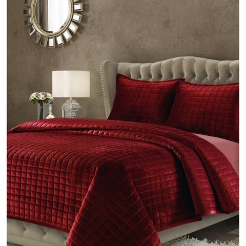 Tribeca Living 3pc Queen Florence Velvet Oversized Quilt Set Burgundy - Tribeca Living: Luxurious Polyester Bedding, Reversible Design