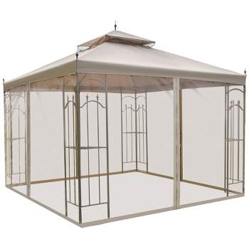 Outsunny 118" x 118" Steel Outdoor Patio Gazebo Canopy with Removable Mesh Curtains, Display Shelves, & Steel Frame, Brown