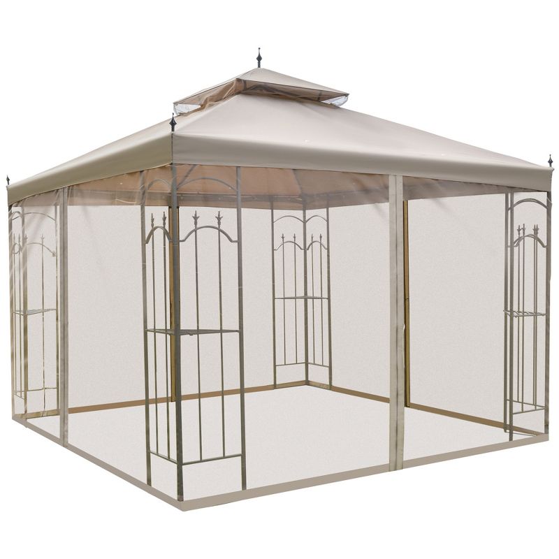 Outsunny 118" x 118" Steel Outdoor Patio Gazebo Canopy with Removable Mesh Curtains, Display Shelves, & Steel Frame, Brown, 1 of 9