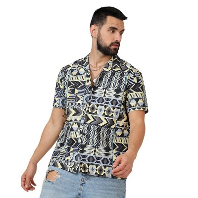 Campus Sutra Men Men's Sky Blue & Lemon Yellow Bohemian Shirt