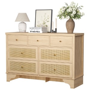 7 Drawers Dresser, Natural Rattan Modern Wood Dressers & Chest of Drawers for Bedroom, Wide Storage Dressers Organizer Deep Drawers - 1 of 4