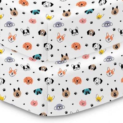 BreathableBaby Cotton Percale Fitted Sheet, For 52" x 28" Crib & Toddler Bed Mattress, Dogs (2-Pack)