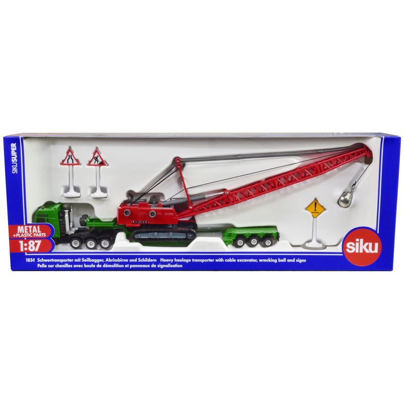 Heavy Haulage Transporter Green and Liebherr Cable Excavator Red with Wrecking Ball and Signs 1/87 (HO) Diecast Models by Siku, 1 of 6
