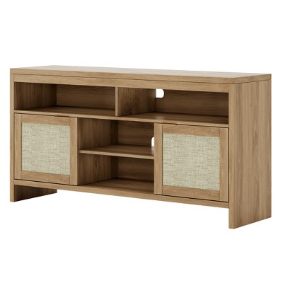 Side view of wicker TV cabinet with two wicker panel doors and open shelves