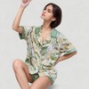 Anna-Kaci Lounge Women's Tropical Banana Leaf Print Pajama Set with Short Sleeves and Button Front Top - 3 of 4