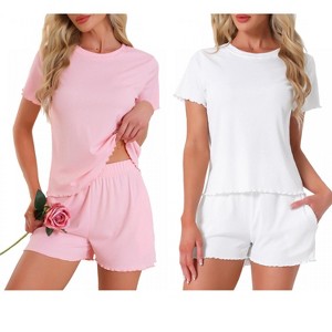 INSPIRE CHIC Women's 4 Pcs Ribbed Knit Soft Short-Sleeve Top & Shorts Ruffled Lounge Pajama Set with Pocket - 1 of 4