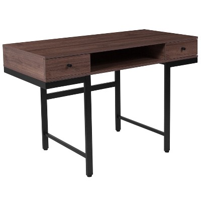 Flash Furniture Bartlett Dark Ash Wood Grain Finish Computer Desk with Drawers and Black Metal Legs