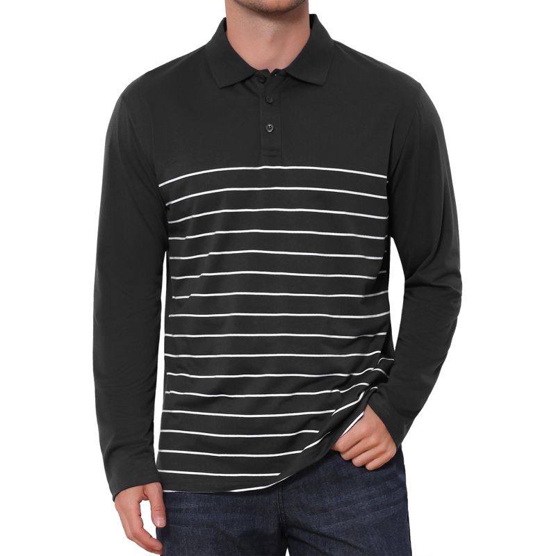 INSPIRE CHIC Men's Casual Long Sleeves Contrast Striped Golf Polo T-Shirts Small Black