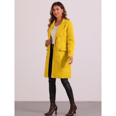 Allegra K Women's Notched Lapel Double Breasted Mid-Long Pea Coat Yellow X-Small — фото 4