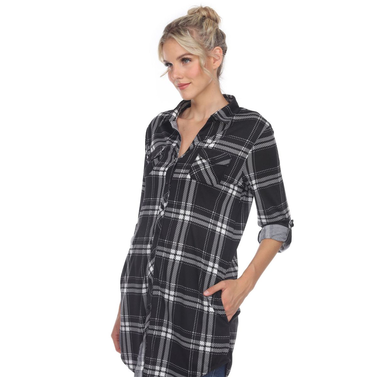 Women's Printed Plaid Roll Tab Tunic - White Mark - thumbnail 5