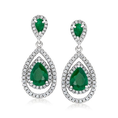 Ross-Simons 4.00 ct. t.w. Emerald and 1.30 ct. t.w. White Topaz Teardrop Earrings in Sterling Silver