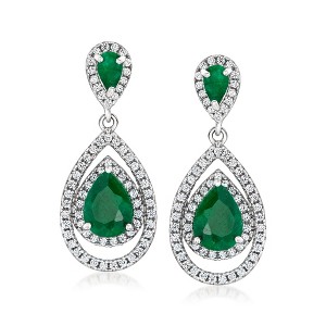 Ross-Simons 4.00 ct. t.w. Emerald and 1.30 ct. t.w. White Topaz Teardrop Earrings in Sterling Silver - 1 of 3