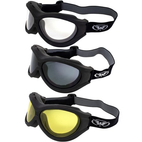 Nannini TT Hand-Sewn 4V Black Leather Goggles Chrome Frames Yellow Anti Fog Lens