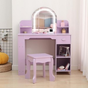 Kids Vanity with Lighted Mirror & Stool, Girls Makeup Vanity Desk with Bookshelf, Drawer & Open Shelves, Wooden Pretend Play Dressing Table - 1 of 4