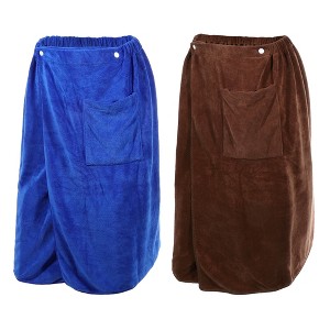 Unique Bargains Men's Bath Wrap Towel for Shower Spa Adjustable Robes with Hair Dry Cap Blue Brown 2 Pcs - 1 of 4