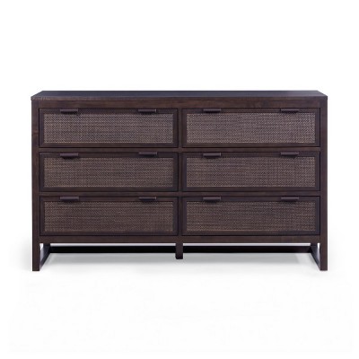 Teamson Home Hatteras Dresser with 6 Rattan Inset Drawers, Faux Leather Pulls & Deep Storage
