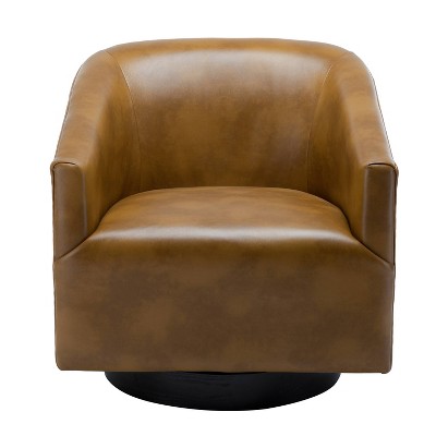 Gaven Camel Faux Leather Swivel Barrel Chair with Wood Base