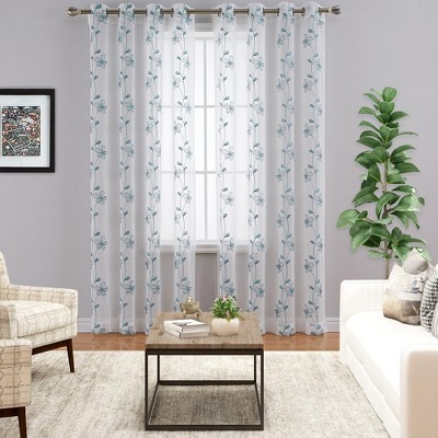 Trinity Semi Sheer Curtains 2 Panels Floral Embroidered Half Translucent Grommet  Voile Drapes Farmhouse Window Treatments : Target