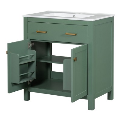 NicBex 30" Bathroom Vanity with Ceramic Sink, Bathroom Cabinet Storage with 2 Spacious Cabinet Doors and 1 Flip Drawers for Bathroom, Green