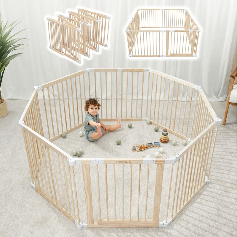 Baby Playpen & Baby Gate for Toddler and Babies, Foldable Wooden Large Shape Playpen with Locking Gate  by Comfy Cubs, 1 of 8