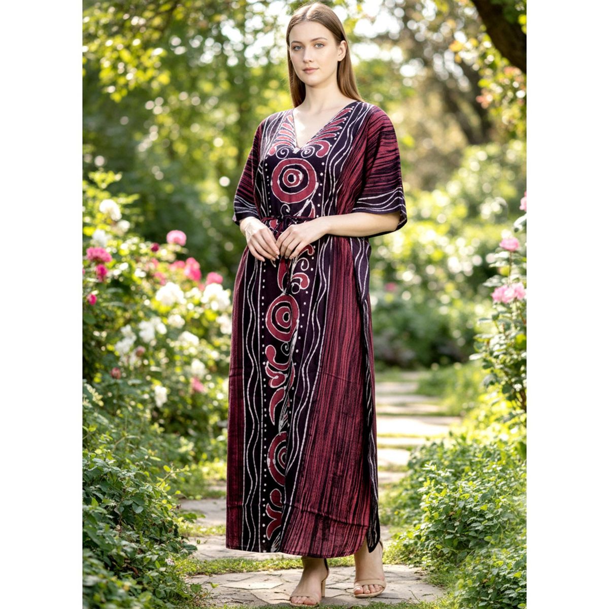 LA LEELA Summer Cotton Resortwear Caftan for Women Vacation Cruise Holiday Loungewear Maternity Friendly Beach Maxi Dress 1X-2X Red Paisley - thumbnail 5