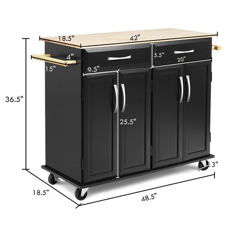 Costway Rolling Kitchen Trolley Island Black Cart Wood Top Storage Cabinet Utility W/ Drawers, 3 of 11