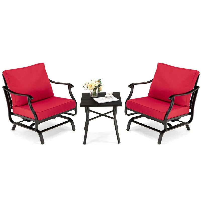 Costway 3PCS Patio Rocking Bistro Set Cushioned Chair Armrest Side Table Red, 2 of 10