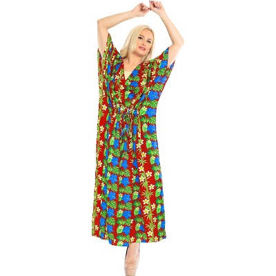 LA LEELA Women's House Daily Routine Evening Wear Holiday Casual Loungewear Loose Caftan Slit Dress Maxi House Sleep Shirt for Women 2X-3X Red, Floral